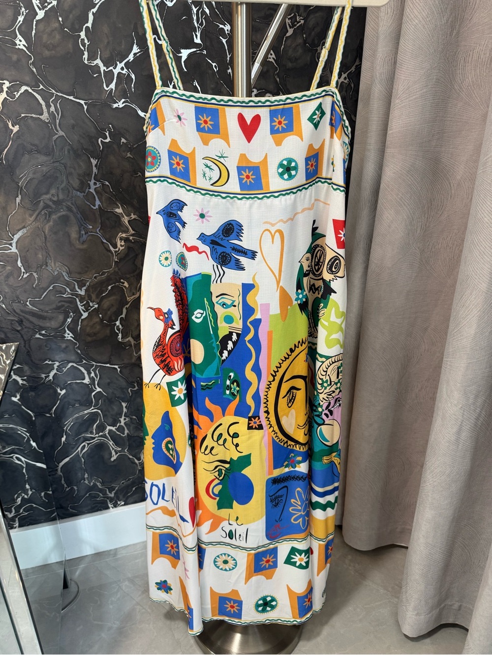 Amazon White Multi Graphic Maxi Skirt with Bright Sun & Bird Motifs